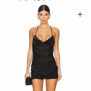 Leslie Amon Black Beaded Backless Dress Floating Pearl Mini Revolve M